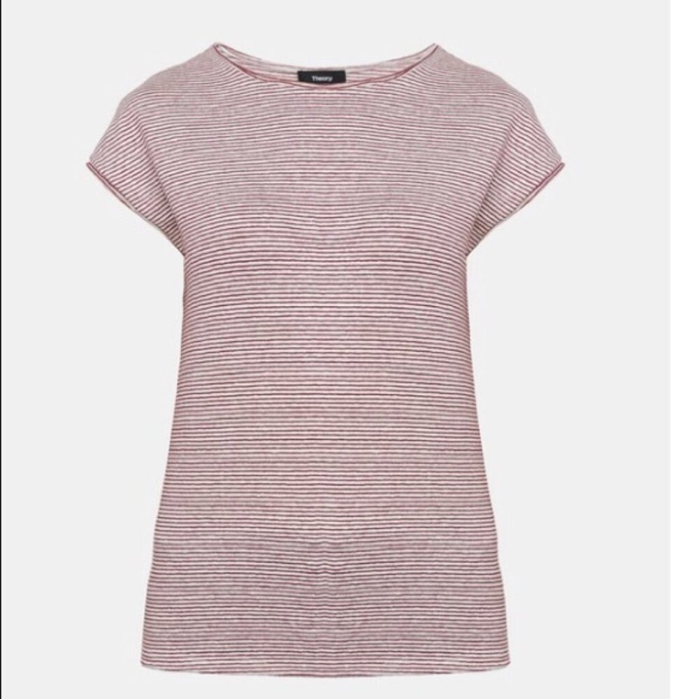 Theory Linen Burgundy and White Striped Top